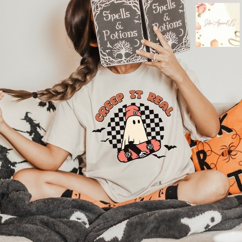 Creep It Real Halloween Shirt Cute Skater Ghost Funny Fall Spooky Season
